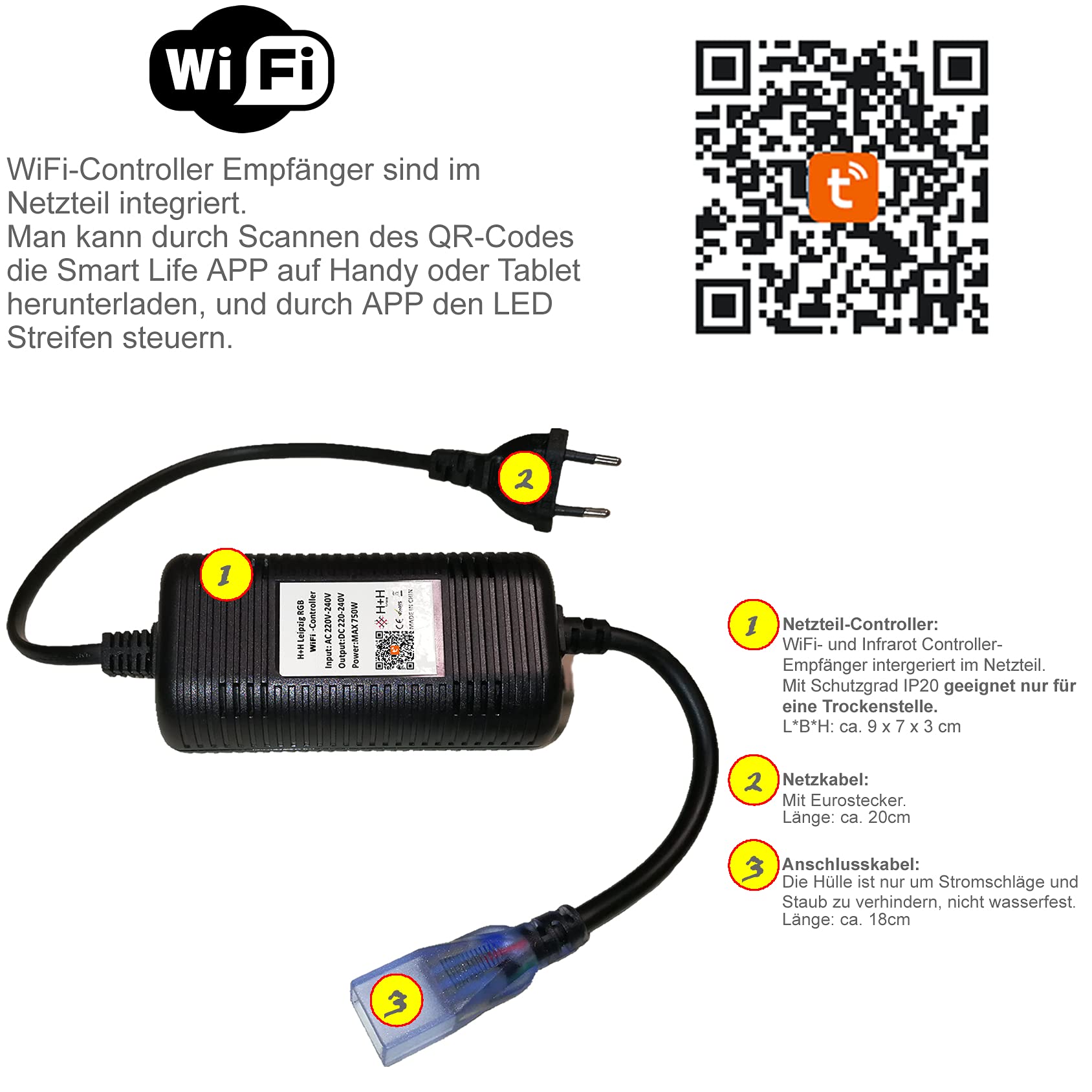 15 Meter 230V 5050 SMD 60LEDs/M Mehrfarbig RGB LED Strip Streifen Lichtband Lichtleiste Lichtschlauch mit IP20 WiFi Netzteil Controller (ohne Fernbedienung)