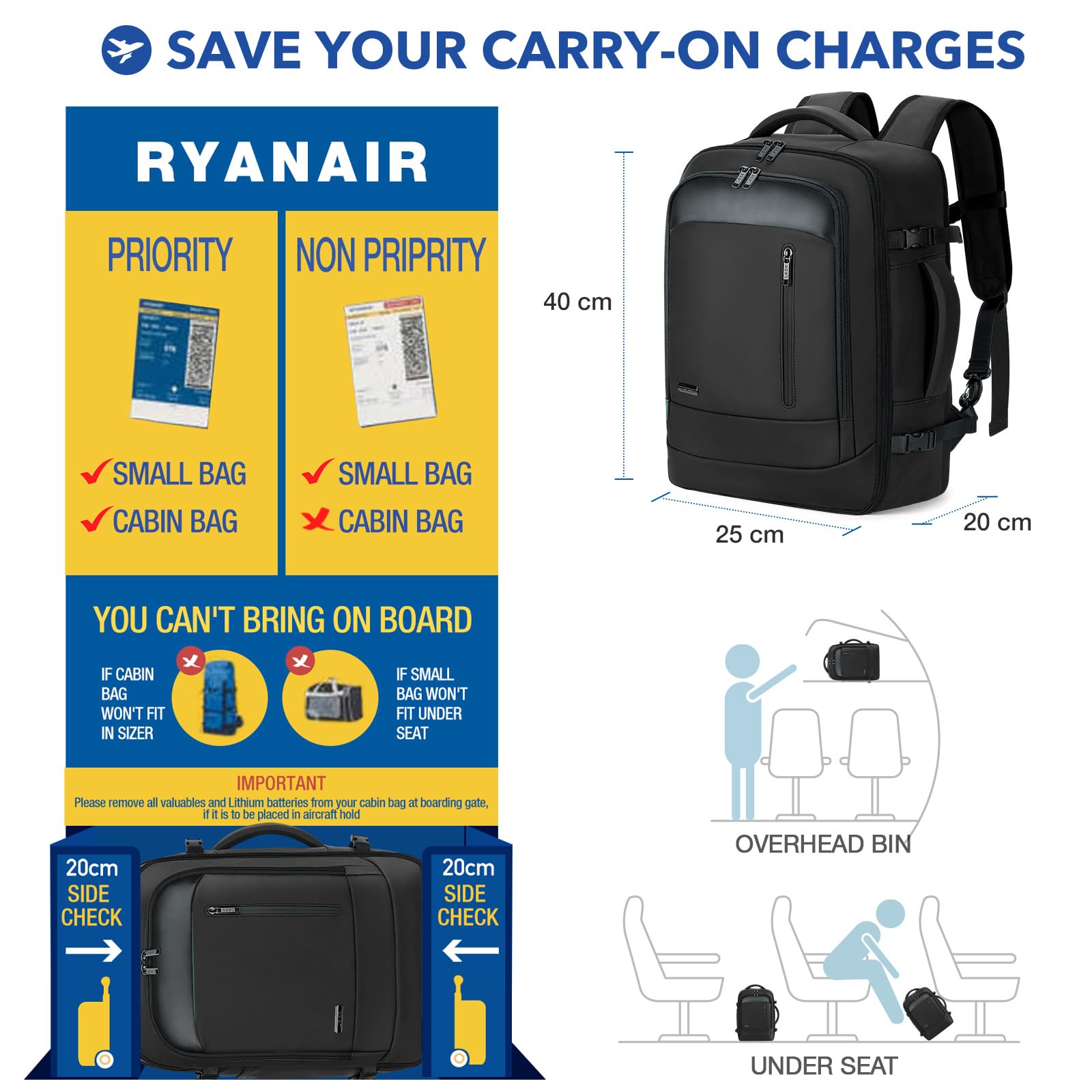 Lekeinchi Zaino per Ryanair 40x20x25 (20L), Zaino da Viaggio Aereo Bagaglio a Mano, Borsa da Cabina con 3 Borse Organizer, Zaini Casual per Scuola Affari - Nero