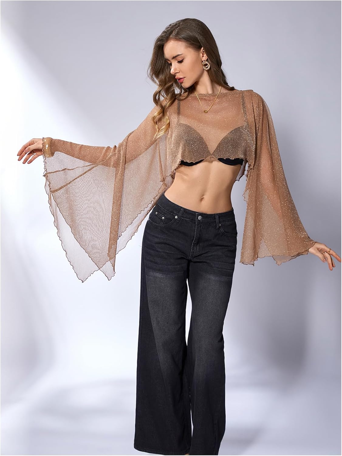 Women's Sheer Crop Tops Y2k Poncho Shrug See Through Flowy Shawl Sparkly Going Out Rave Outfits Summer Cover Up - Image 4