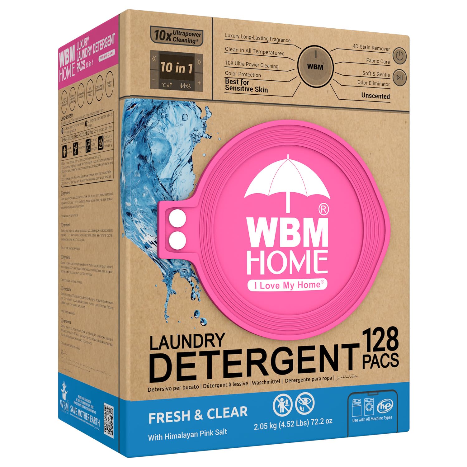 WBM Laundry Detergent Pods, 128 Count | Fresh & Clear Unscented | Laundry Pods 10x Ultrapower Cleaning With Color Protection and Eco-Friendly Packaging