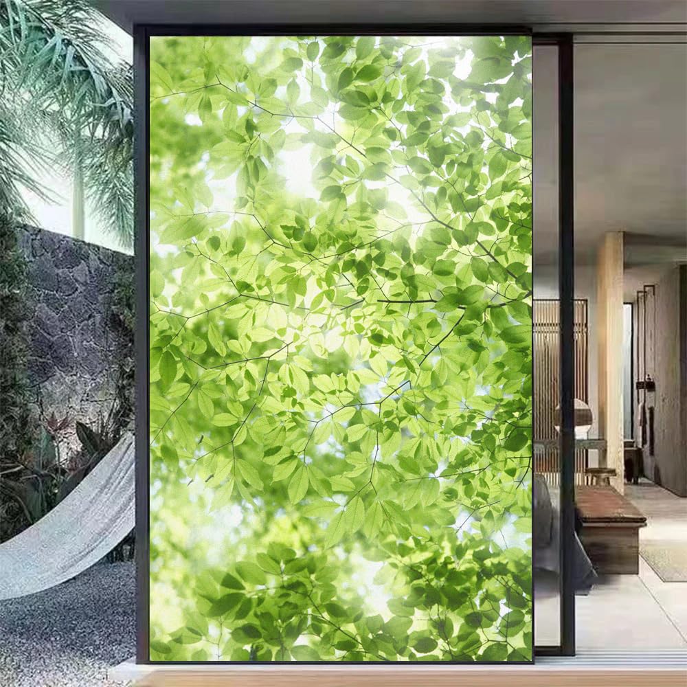 Window Film Privacy Frosted Not Transparent Static Cling Heat Control UV Blocking Green Scenery Glass Sticker(100x180cm) — image 1