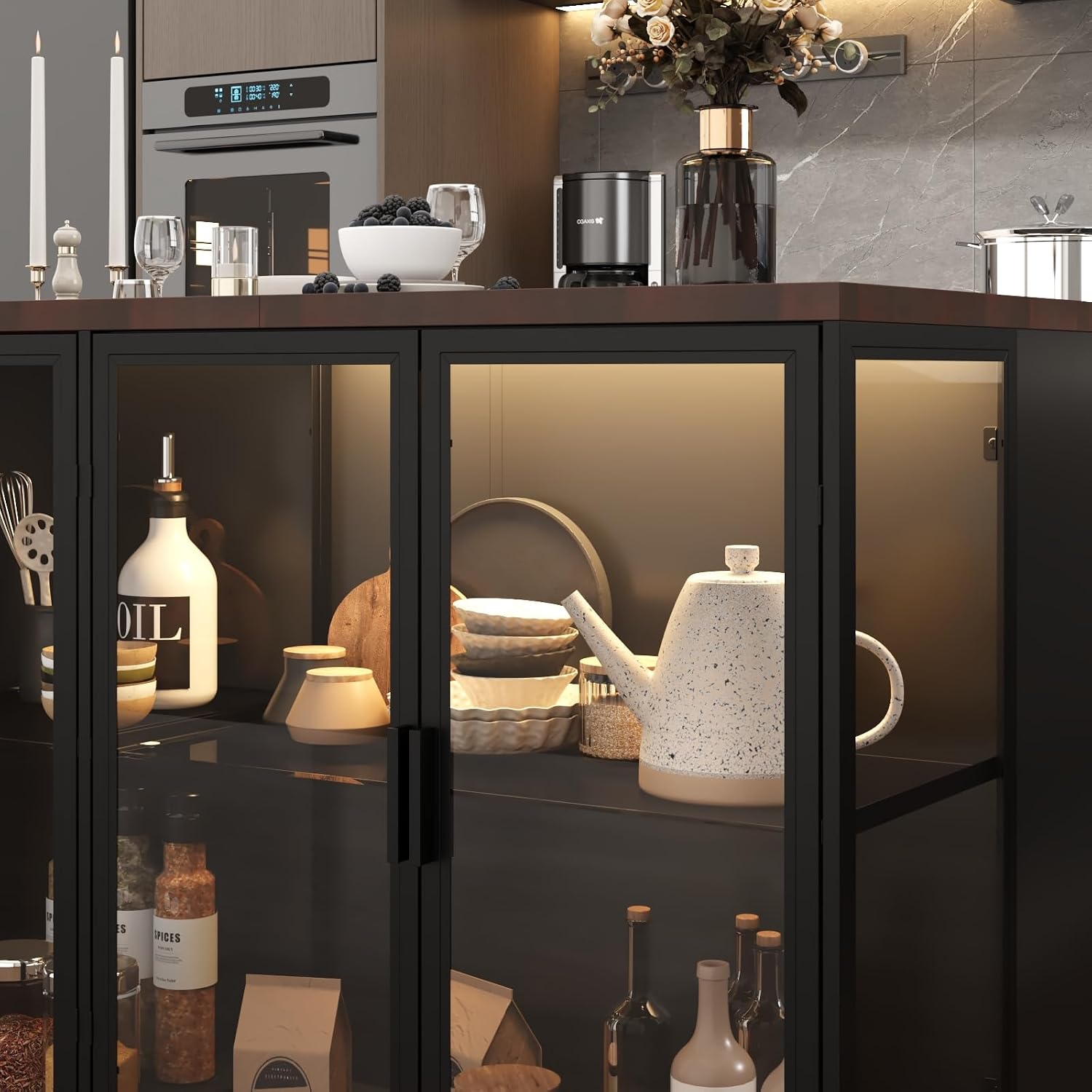 FUFU&GAGA Large Stationary Kitchen Island with Glass Doors and Lights, 77.6” Kitchen Table Cabinet with 3 Drawers, Display Storage Cabinet with Glass Shelves, Black and Brown, 77.6”W x 30.3”D x 36.6”H