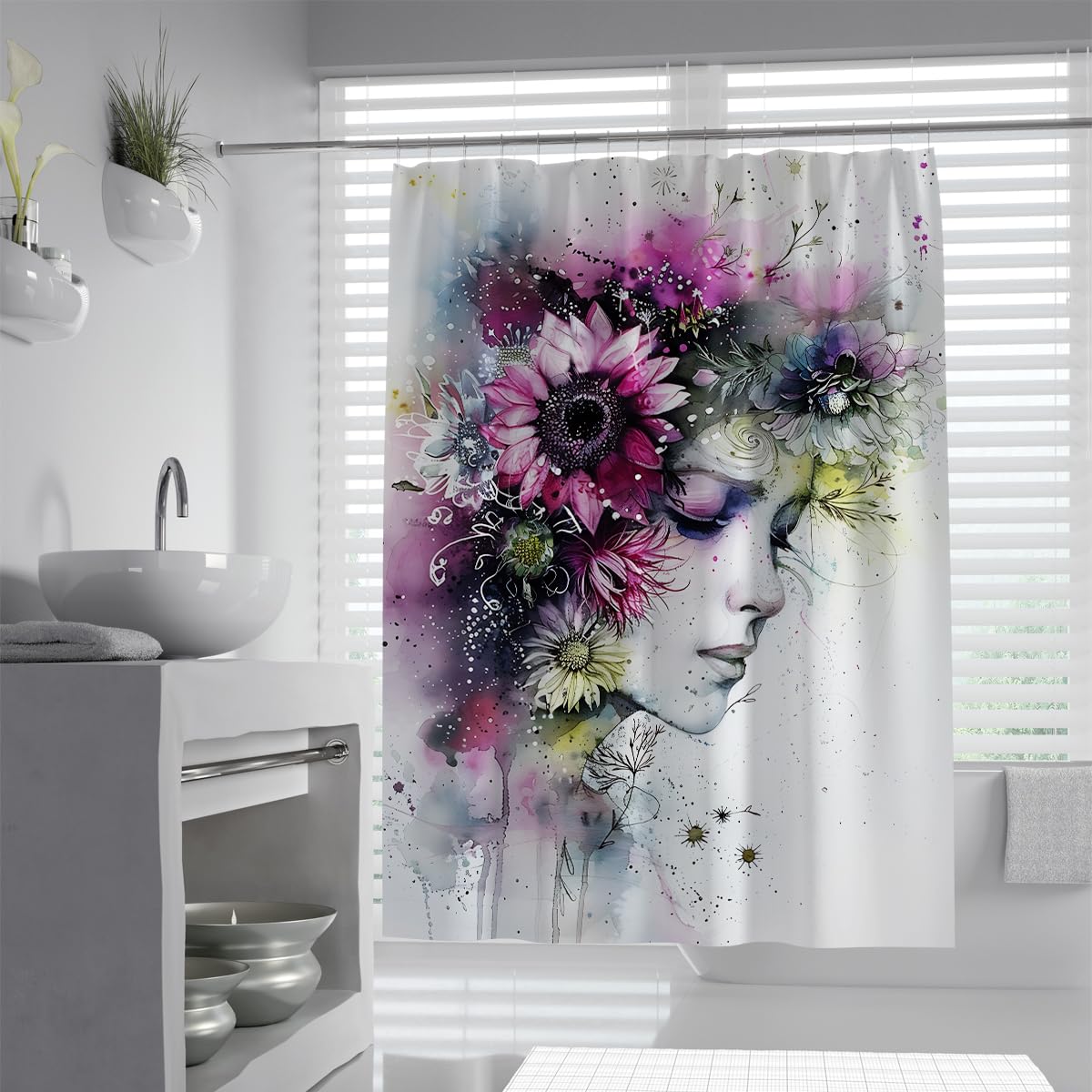 UIRINGART Floral Woman Art Bath Curtain W90xL180cm Watercolor Abstract Portrait Waterproof Quick Dry Polyester Fabric Machine Washable Shower Curtain