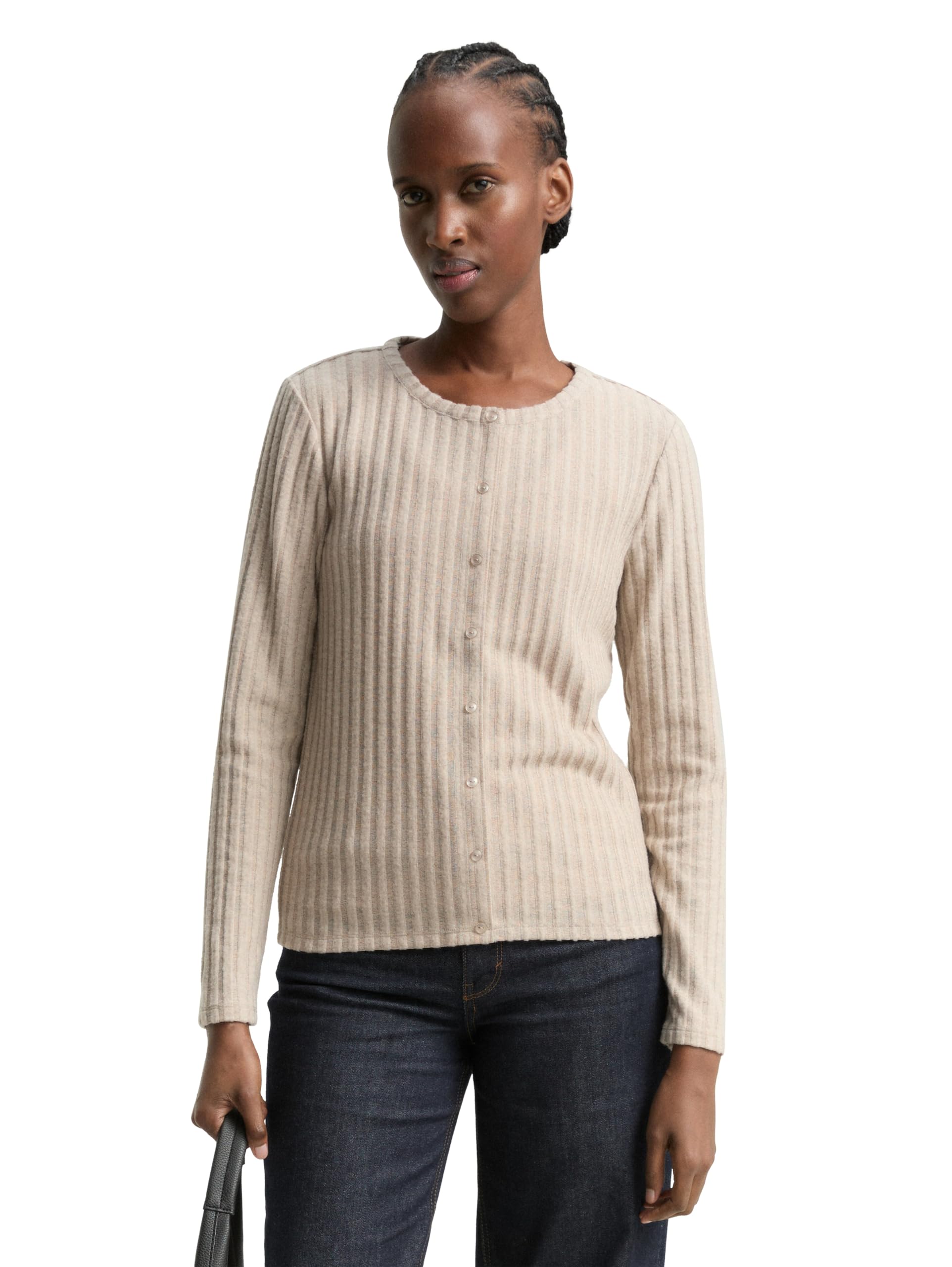 Tom Tailor Denim Damen 1048971 Slim Fit Langarmshirt mit Deko-Knopfleiste (1er Pack)