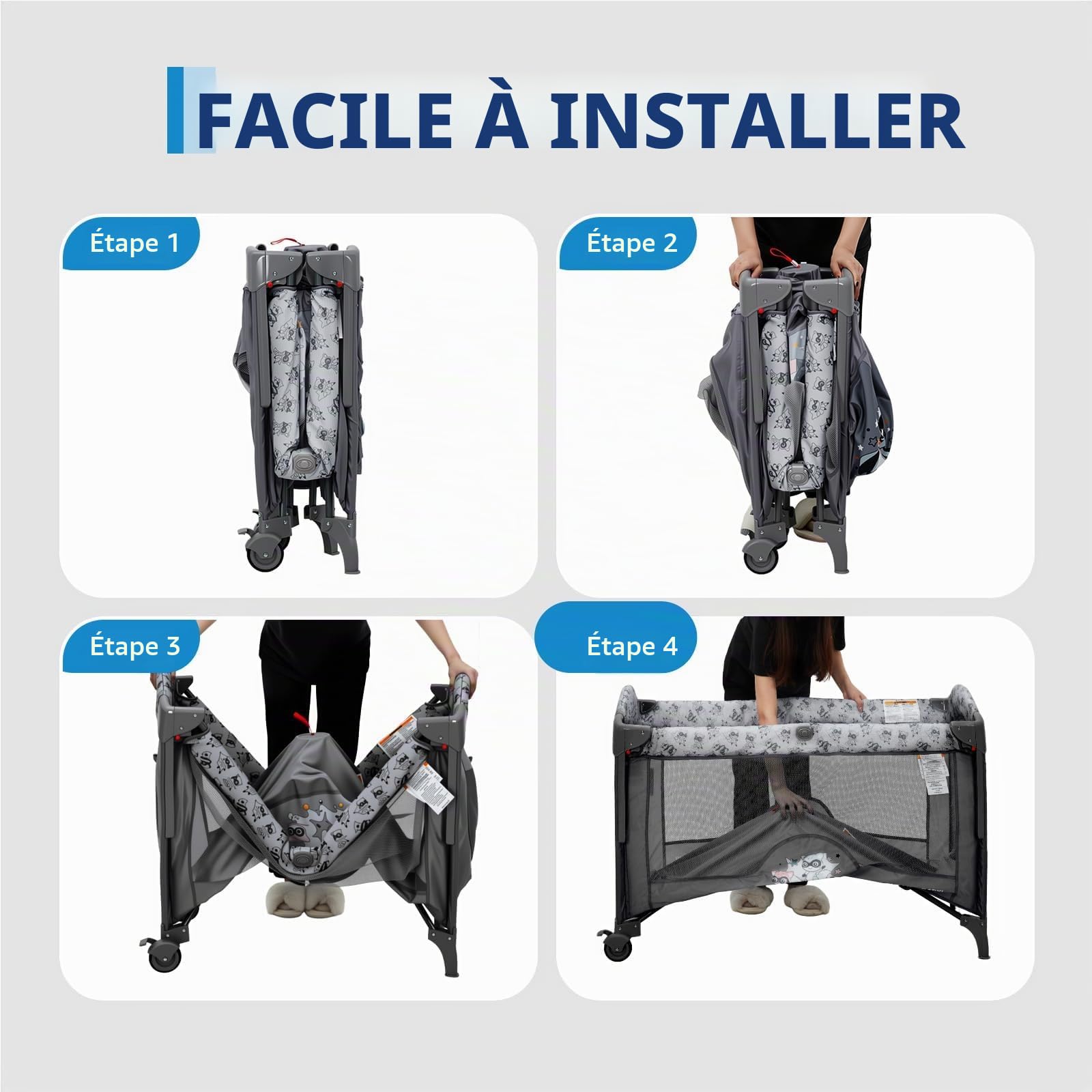 5 en 1 Lit Bébé Pliable,Réglables en Hauteur, Aucune Installation Nécessaire,Jouets,Table à Langer, Super Forte Charge Porteuse, Facile à Voyager, Moustiquaire, De La Naissance à La Petite Enfance