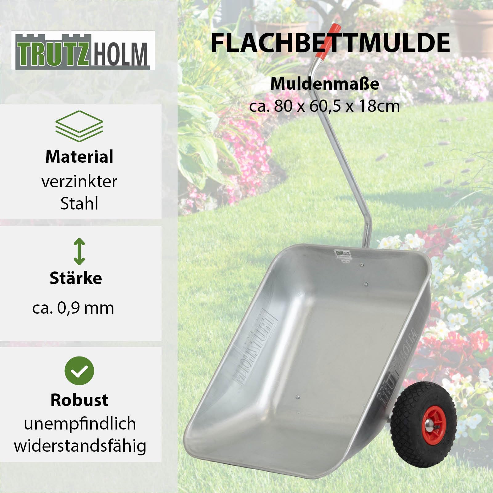TRUTZHOLM Schubkarre Einhandkarre Friedhofskarre Pflanzkarre Gartenkarre Handwagen Traglast 100 kg Volumen 75 L mit Luft- oder Vollgummireifen (Luftreifen)