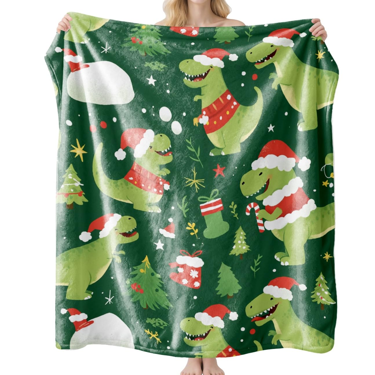 Manta Sofa Suave y Cálida Invierno, Decoración Navidad, Feliz Xmas Acogedora Franela Mantas Polar para Cama, Blanket para Cama Adulto Niño y Mascota (Dinosaurio 1,75x100cm)