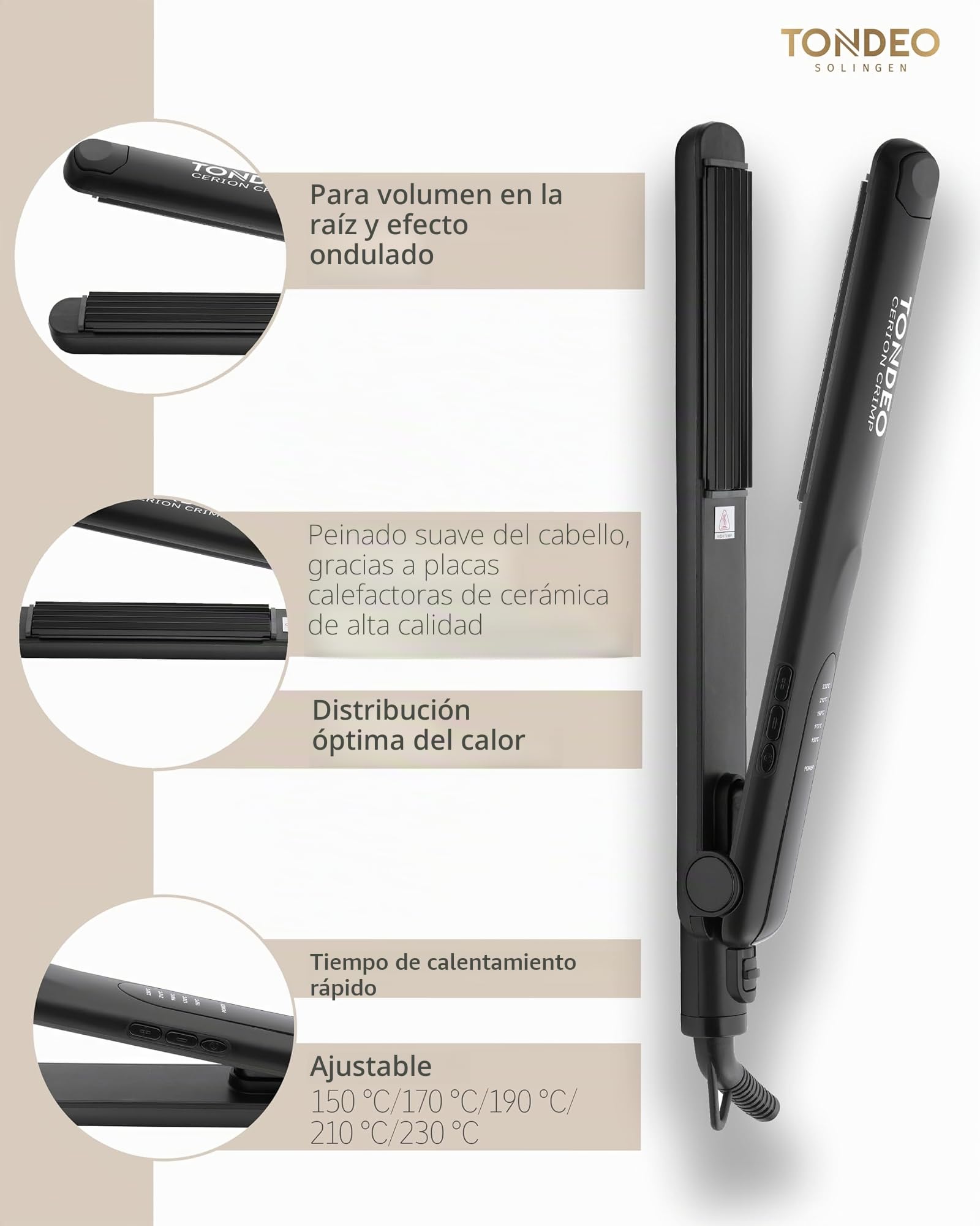 TONDEO Plancha rizadora CERION CRIMP | Ondulador profesional para mayor fijación y más volumen | Placas calefactoras con resorte y temperatura ajustable para un peinado especialmente suave
