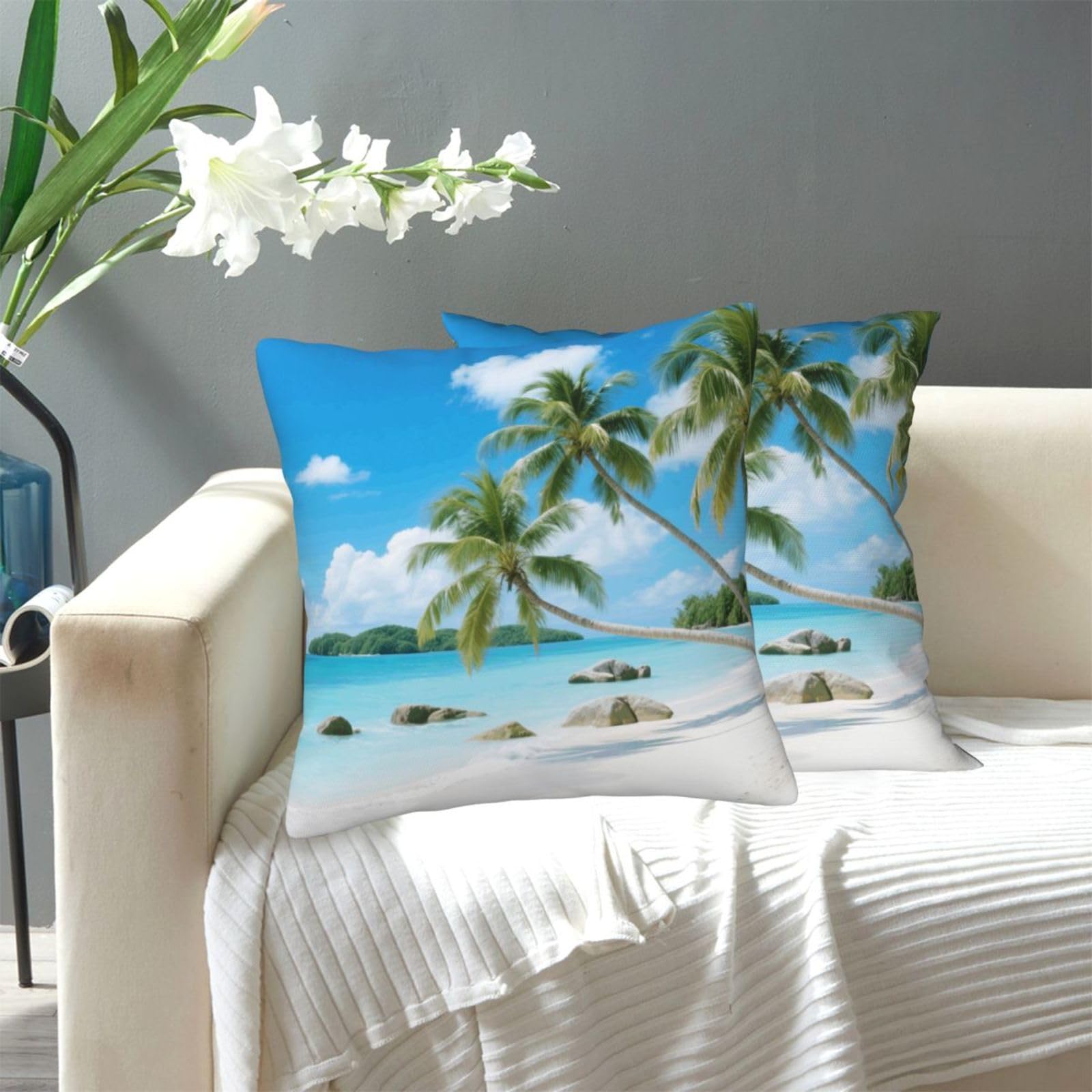 FekiLoot Decorative Throw Pillow Covers Modern Farmhouse Pillowcase Double Sided Cozy Cushion Cover for Sofa Couch Bed 20"X20" Beach and Coconut Trees