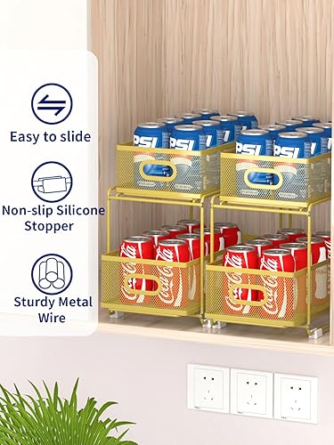 Miniatura 6 de Cestas organizadoras para debajo del fregadero con cajones deslizantes de malla extraíble para armario, cocina, baño, 2 niveles, dorado