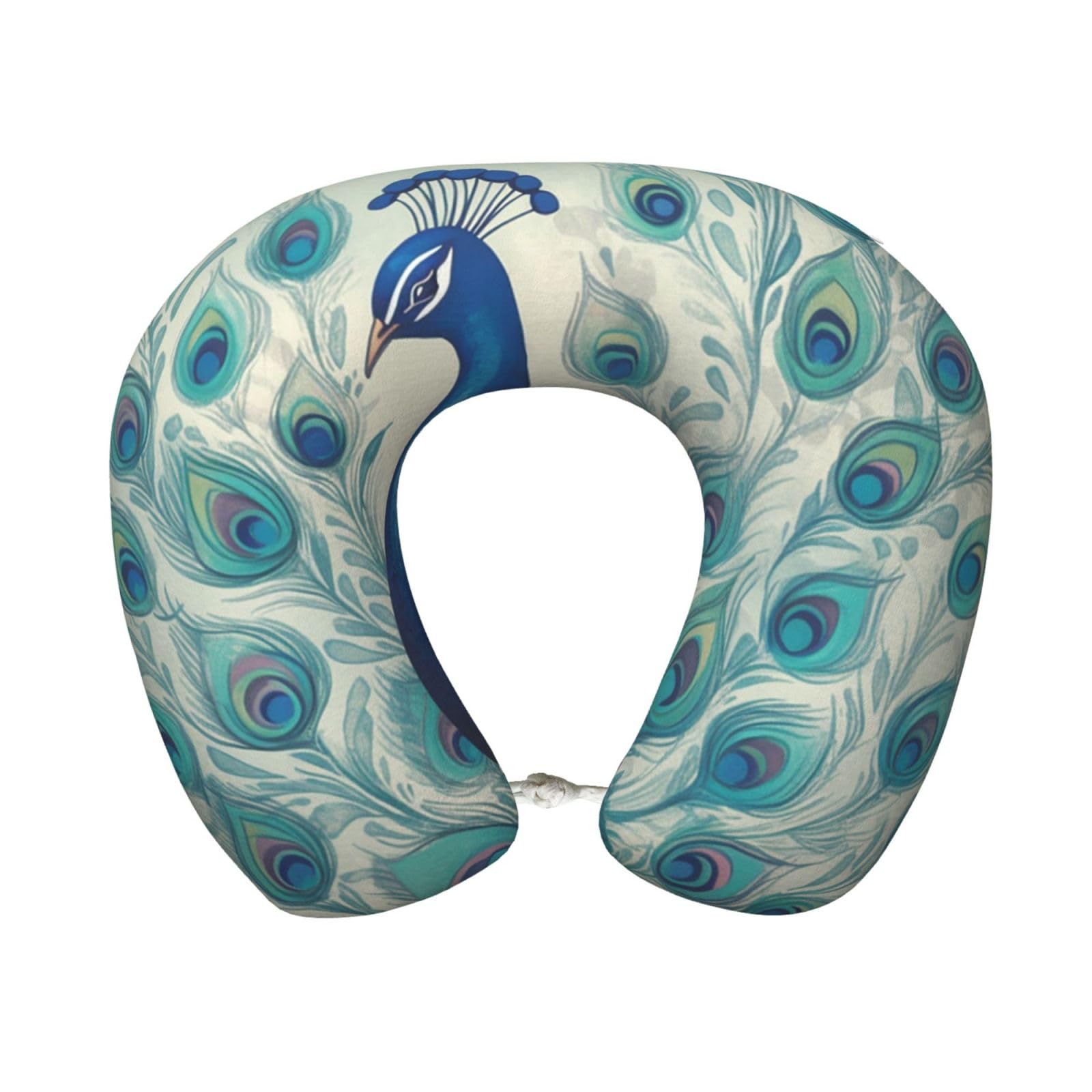 peiyeety Cute Peacock Travel Pillow Memory Foam - Comfortable U Shape Neck Pillows for Sleeping, Neck and Head Support Portable Airplane Pillow Adjustable Flight Pillow, Washable Cover