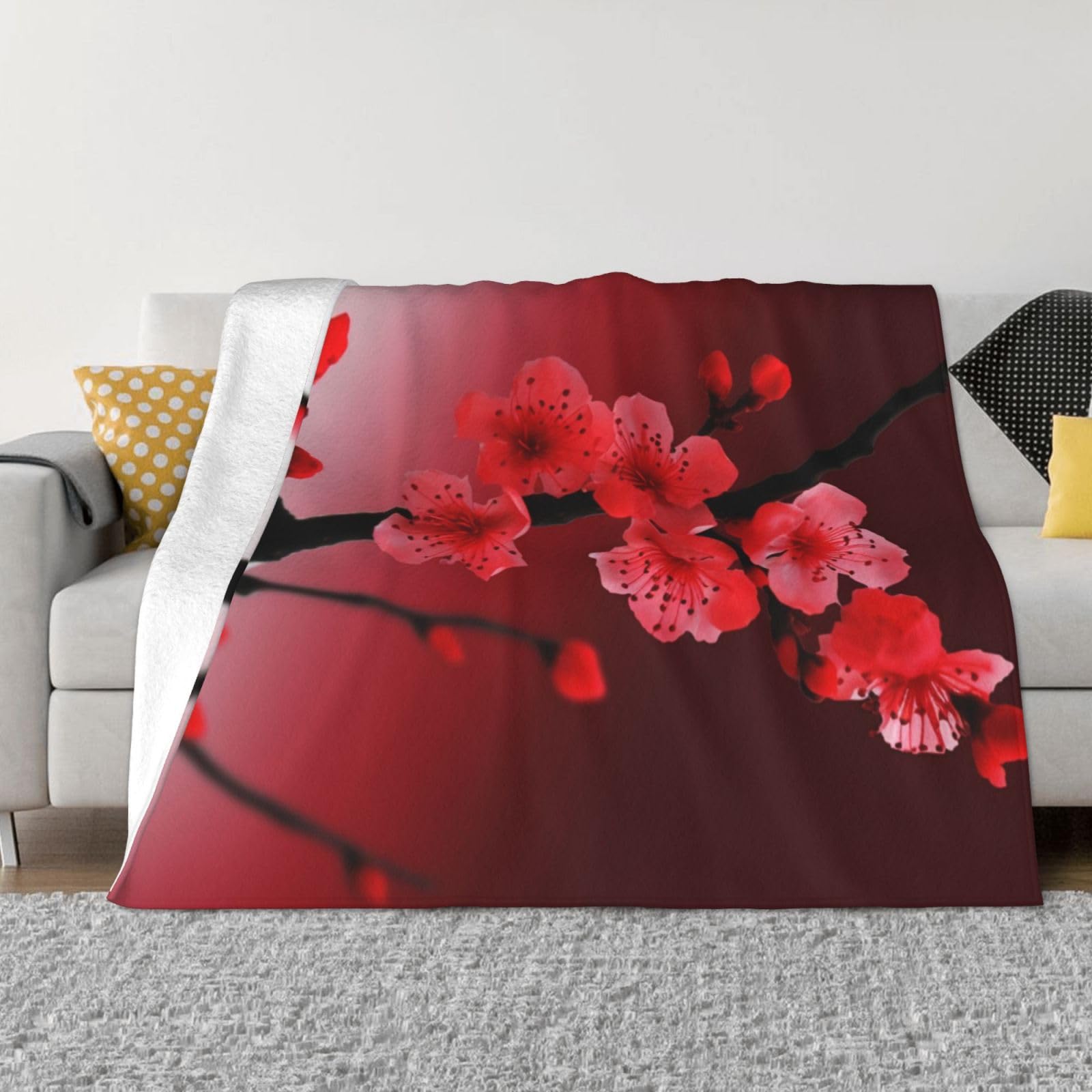 Couverture polaire en flanelle de lit rouge à motif fleur de cerisier pour canapé
