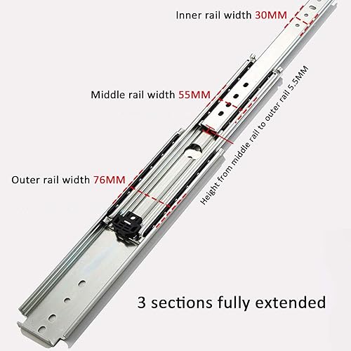 Miniatura 5 de 1 par de diapositivas industriales para cajones de 2.992in de ancho, rodamientos de bolas de montaje lateral, 3 secciones de extensión completa,