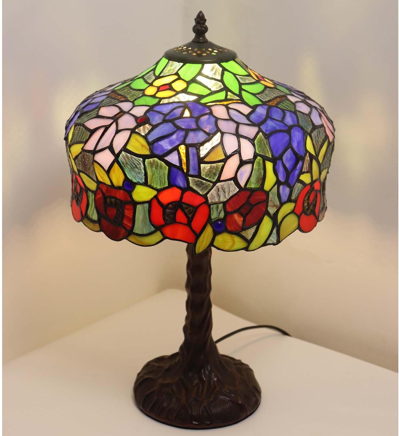 Bieye L10995 Wisteria Flower Tiffany Style Stained Glass Table Lamp with Tree Trunk Base for Home Decoration (Multi-Colored, 12-inch Wide)