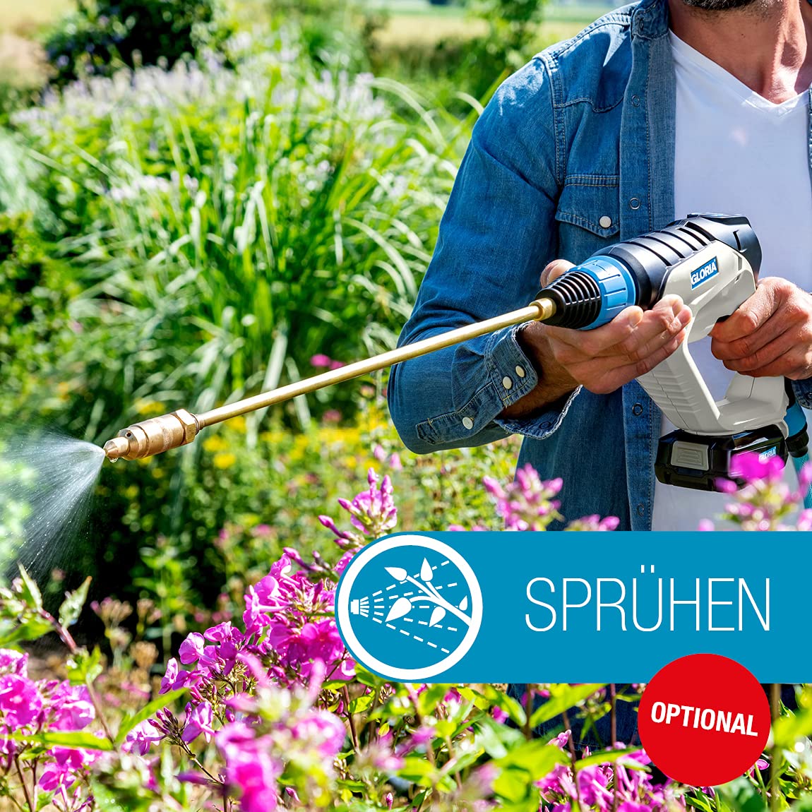 GLORIA Akku Sprühsystem MultiJet 18V Set | Mobiler Hochdruckreiniger & Schaumsprüher mit 3 Druckstufen & 4-in-1 Düse | Inkl. Bosch Akku 18V | Für Reinigung, Garten & Pflanzenschutz