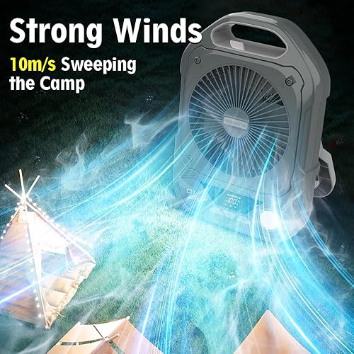 Miniatura 7 de GQP Ventilador portátil de campamento de 10000 mAh con luz LED recargable, carga USB-C, modo de 5 velocidades, temporizador de 8 horas y soporte
