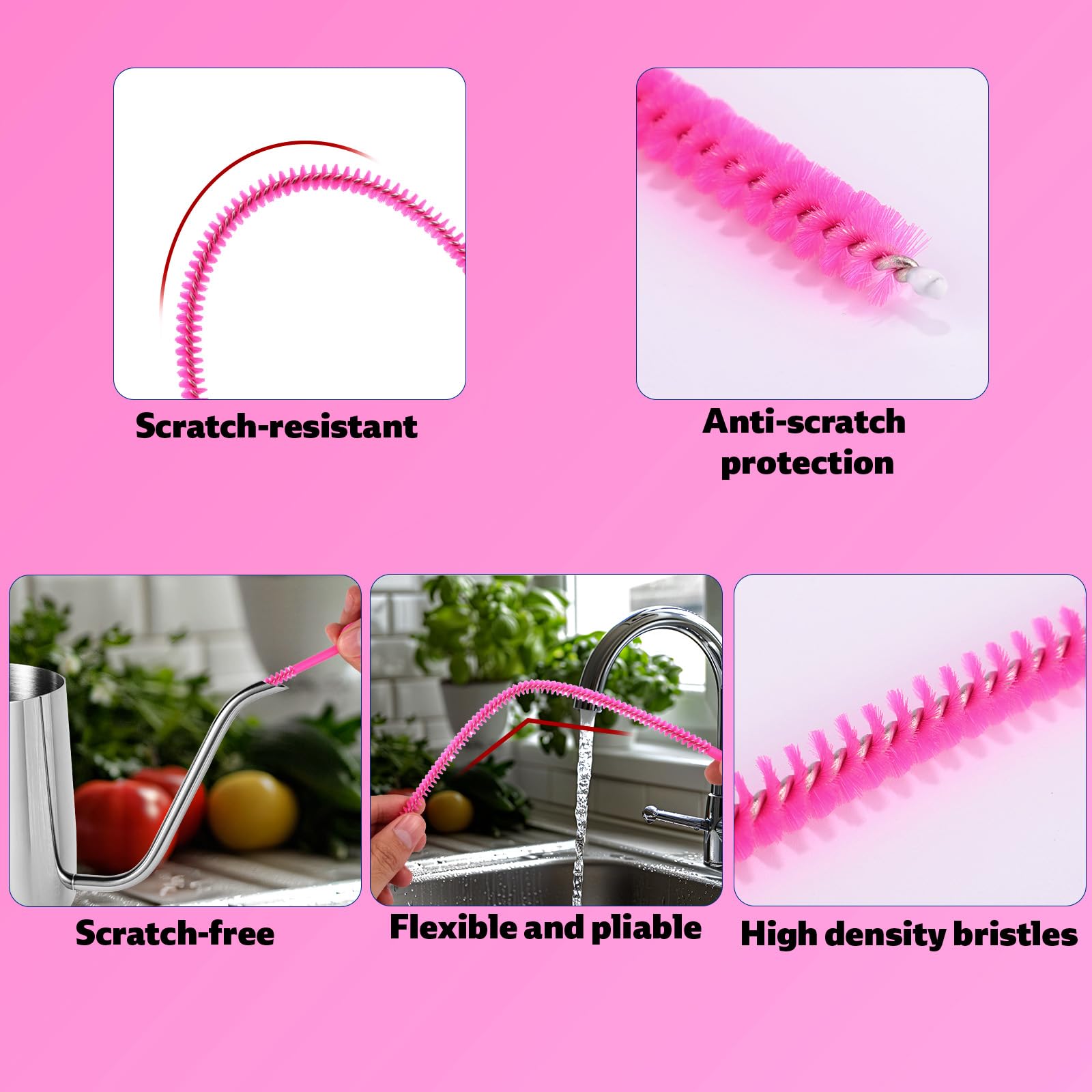 4pcs Straw Cleaner Brushes for Stanley 12.6in Extra Long 3 Sizes Full Bristles Coverage Reusable Drinking Straw Brush Cleaning Accessories for Water Bottle Tumblers Sippy Cup Tube (Rose Pink) - Image 4