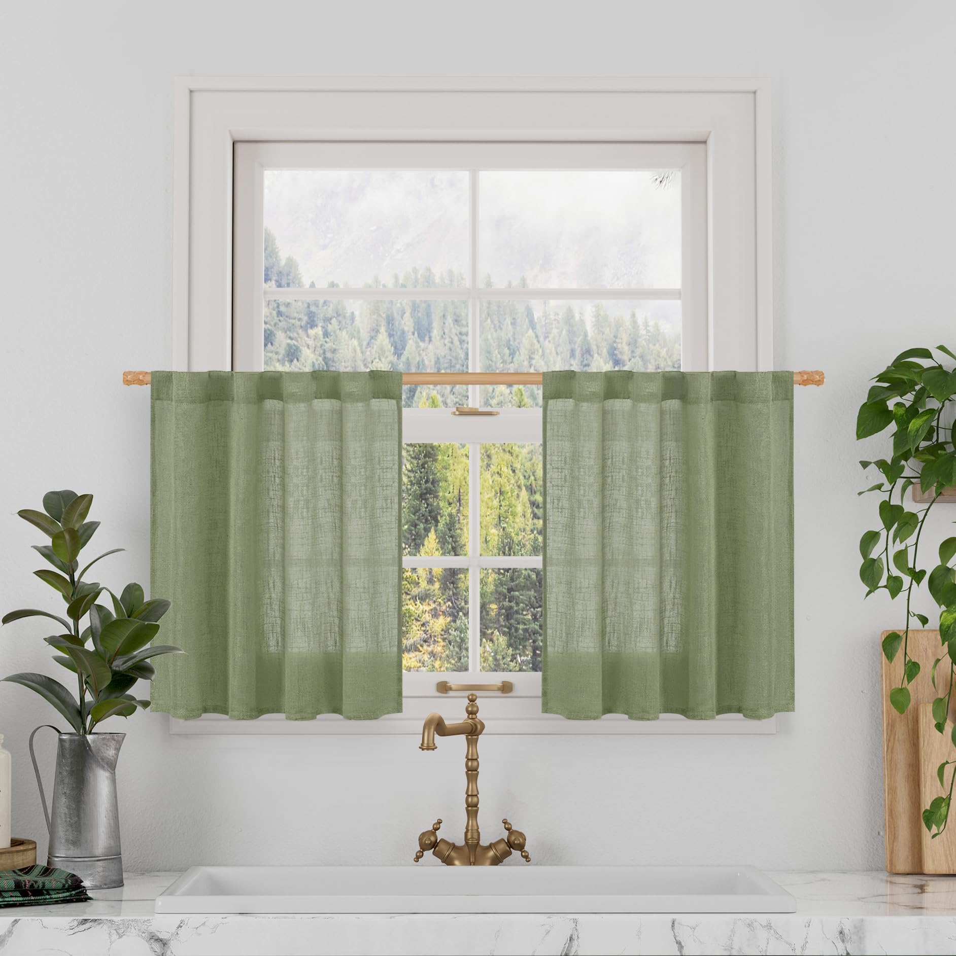 LAMIT Kleine Fenstervorhänge aus Leinen für Küche, Café, 61 cm, halbtransparente Lichtfilterpaneele, Schlaufen auf der Rückseite und Stangentaschen, Vorhänge für kleine Fenster, 2 Paneele, Salbeigrün