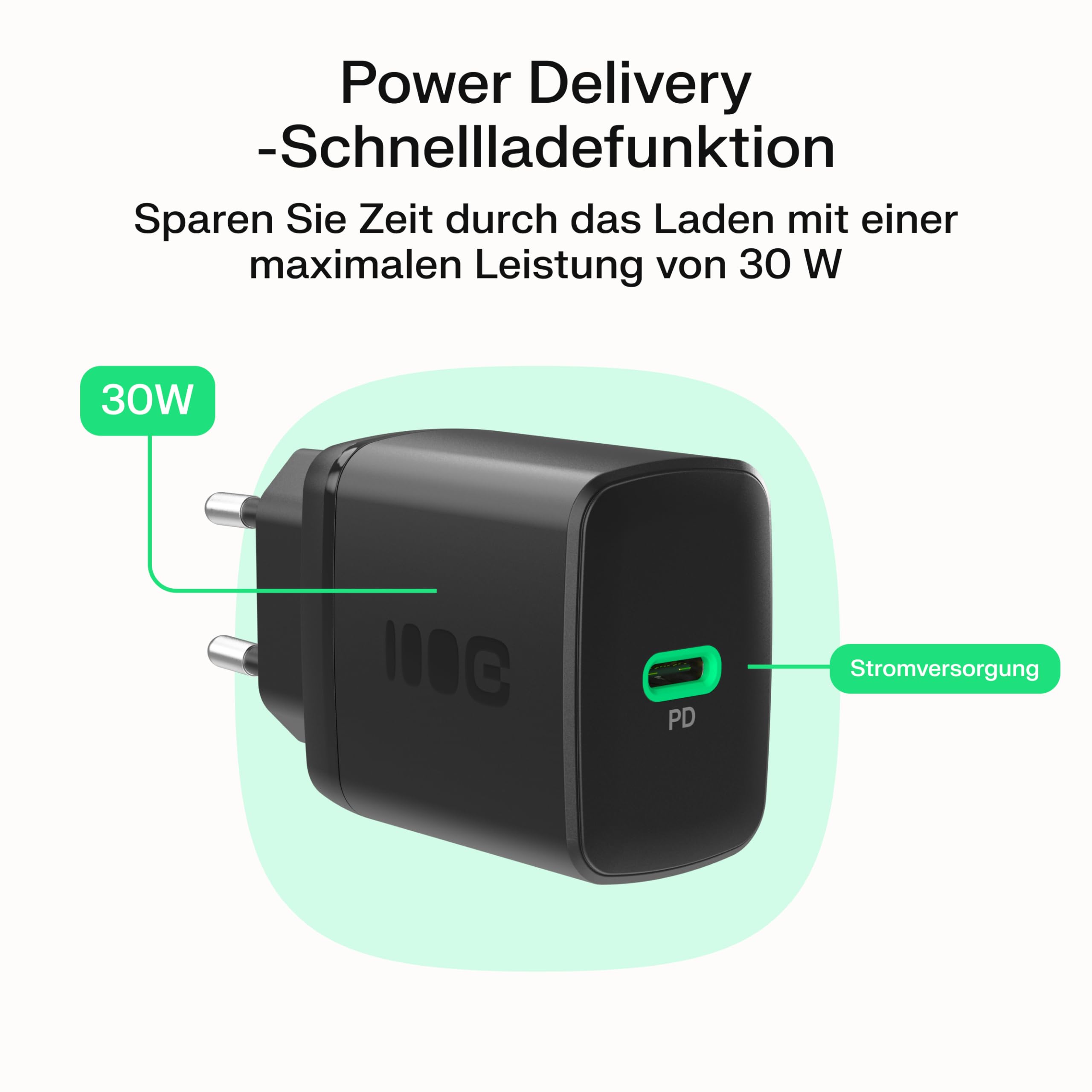 Greencell PowerSource Solo30 czarna ładowarka 30 W USB-C Power Delivery kompaktowa ładowarka z USB-C do iPhone 16, iPad Pro kompatybilna z iPhone 16/15/15 Plus/iPhone iPad