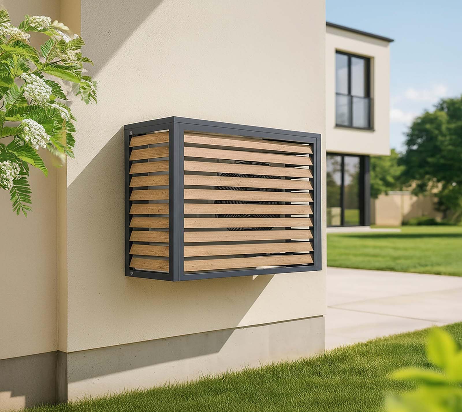 Westmann Boxa S | Wärmepumpen Verkleidung & Klimaanlagen Abdeckung | Stahl Holzoptik Anthrazit | Höhenverstellbar | 100x56x97 cm