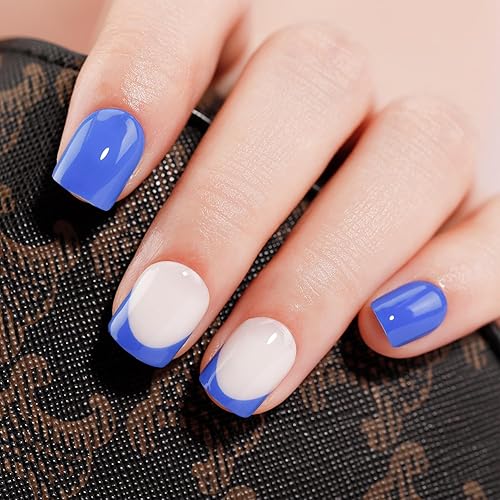 Uñas postizas a presión francesas, color azul, kit de uñas postizas BettyCora con pegamento para uñas