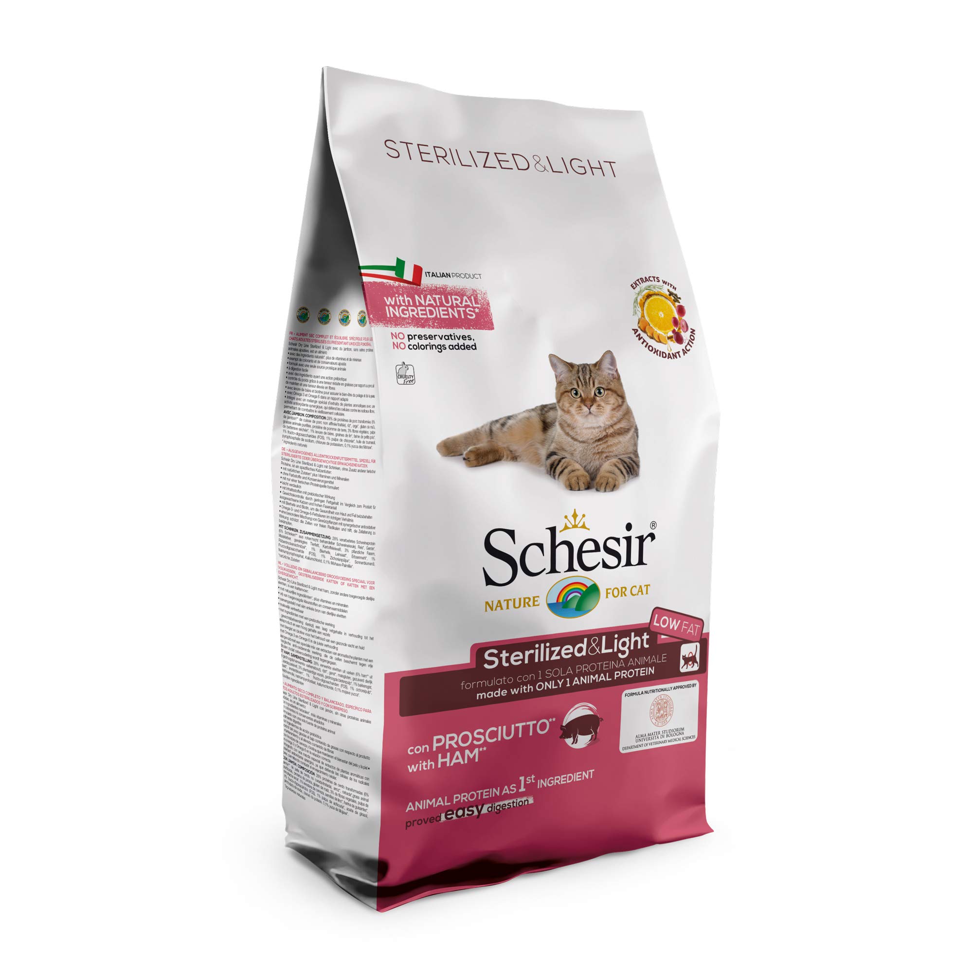 Schesir, pienso para Gatos Adultos esterilizados, línea Light con jamón, croquetas - Formato Bolsa de 10 kg