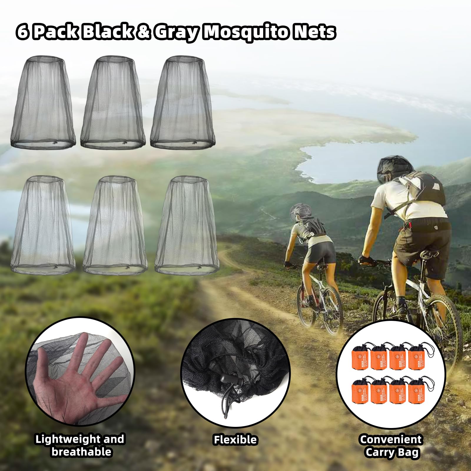 6 Pack Gray & Black Mosquito Covers Wearable Head Net Face Mesh Protecting Net Mosquito Fly Insects Bugs Preventing for Outdoor Hiking Camping Fishing