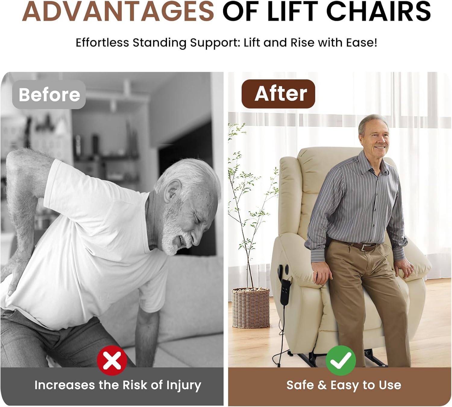TEKAMON Power Lift Recliner Chair for Elderly with Heat & Massage, Dual Motor Breathable Leather Recliner, Lay Flat Sleeping Chairs with Infinite Position, RemoteControl(Beige, Extended)