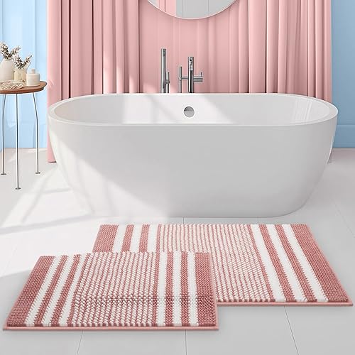 Juego de alfombras de baño Tindbea 2 piezas, extra suave y absorbente, felpudo de baño de chenilla a rayas esponjosas, antideslizante, lavable a