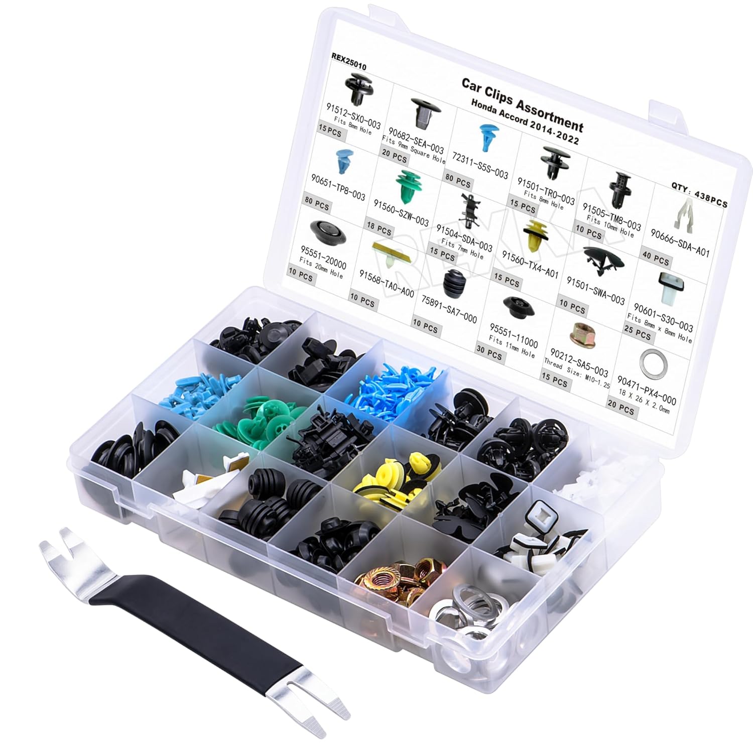 Rexka 439pcs for Honda & Acura Car Clips Assortment - Accord 2012-2022 - Fender Liner, Bumper, Trim, Weatherstrip, Hood Seal - Replaces 91512-SX0-003, 91501-TR0-003, 91505-TM8-003 & More