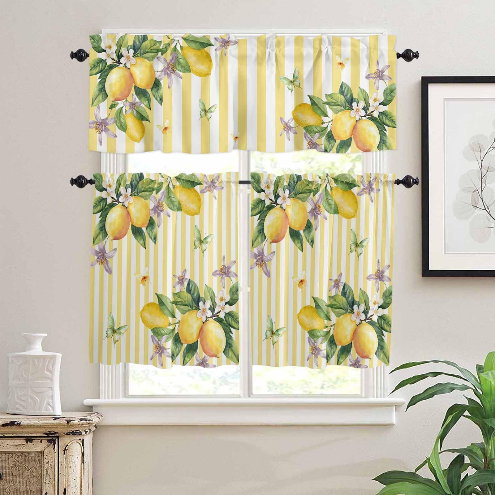 Lemon Flower Kitchen Curtains 36 Inch Length,3 Piece Rod Pocket Small Half Tiers and Valance Set,Yellow Vertical Stripes Butterfly Farmhouse Small Large Window Treatment Decor for Bedroom/Bathroom