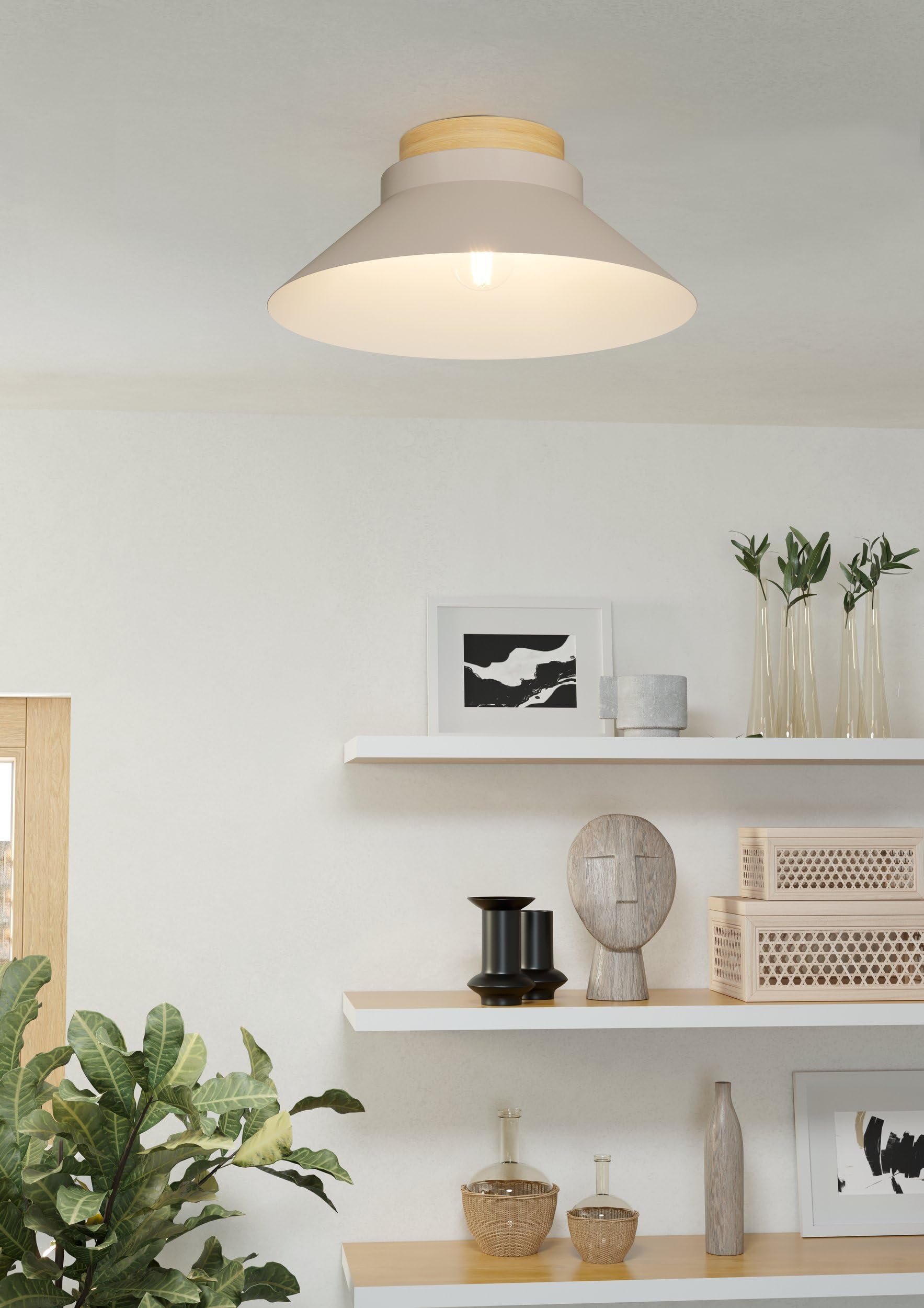 Eglo Luminaire plafonnier Moharras, spot de plafond au design scandi et | bohème, FSC100HB, lampe de plafond pour salon et couloir, bois naturel et métal couleur sable, douille E27