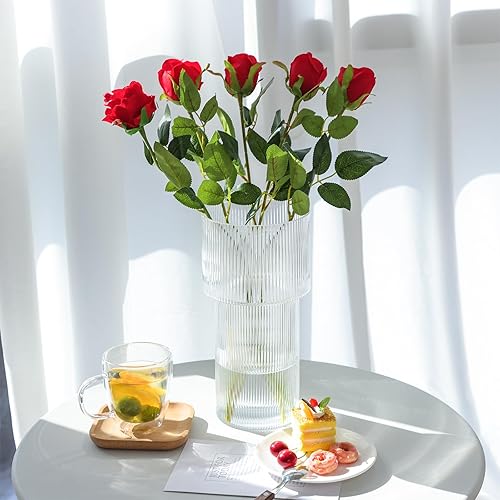 Miniatura 5 de CEWOR Jarrón grande de vidrio acanalado, florero transparente de 11.5 pulgadas, jarrón de vidrio estriado, moderno para centro de mesa, jarrón alto