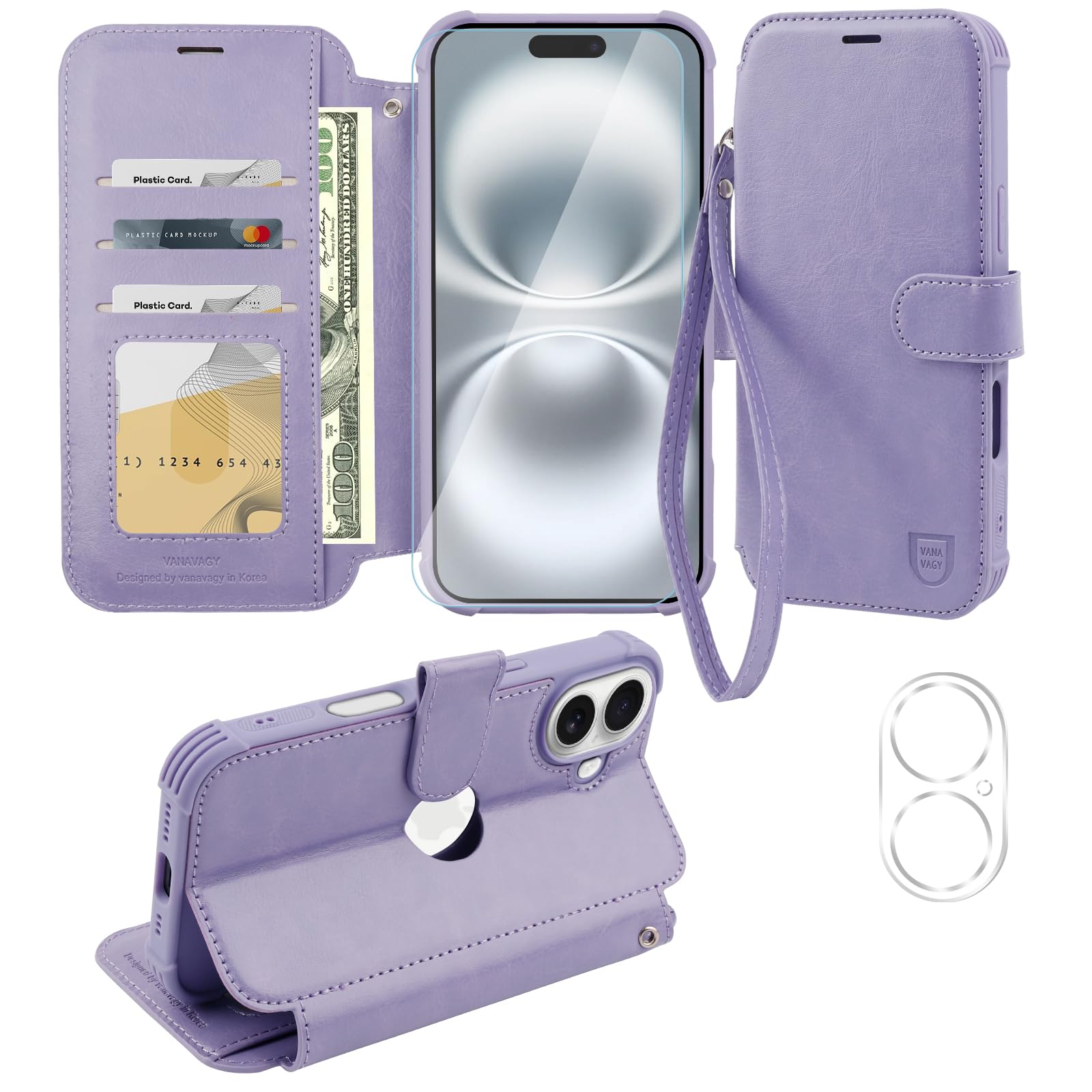 VANAVAGY Compatible for iPhone 16 Wallet Case, PU Leather Flip Phone Cover with RFID Blocking Card Holder Wrist Strap for Wireless Charging, [Screen