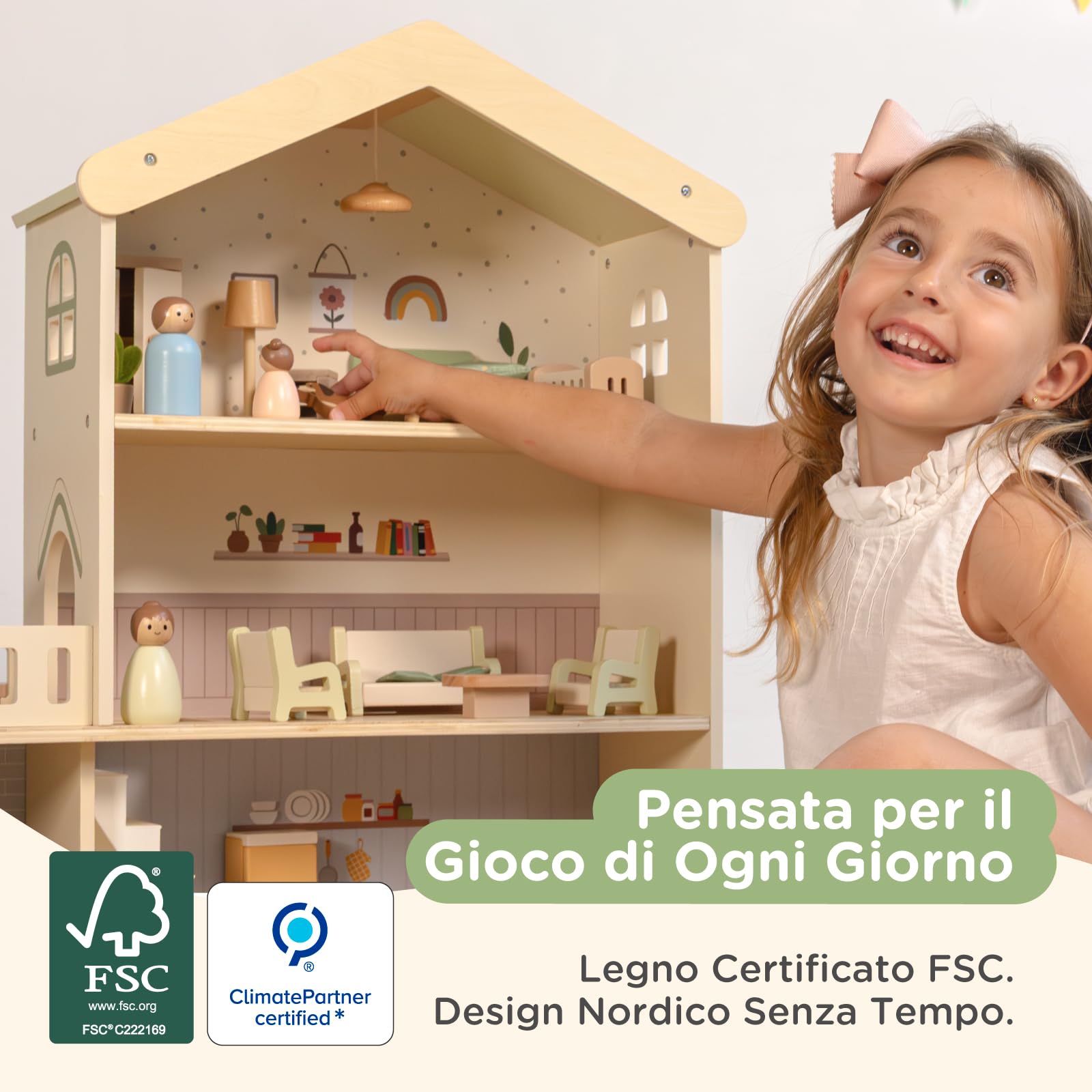 Nene Toys Casa delle Bambole in Legno con Mobili, 3 Piani, Dai 3 Anni | Casa Bambole 28 Pezzi con Mobili, Famiglia, Cane, 3 Piani, Stanze Pastello e Gioco di Imitazione per Bambini