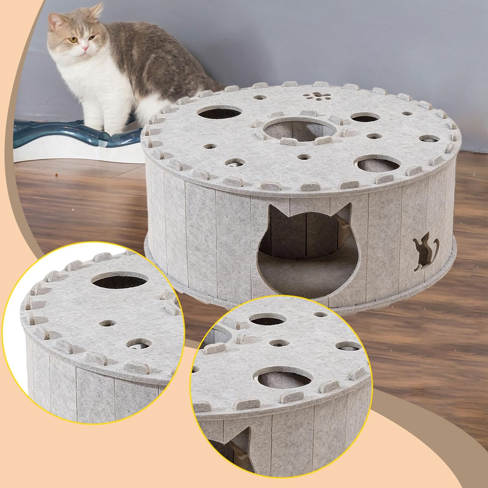 Tunnel pour Chat Lit Grotte Maison Tube pour Chaton Aire de Jeux Interactive Matériau Feutre Confortable Résistant Adapté Aux Chats Petits Mammifères, Gris