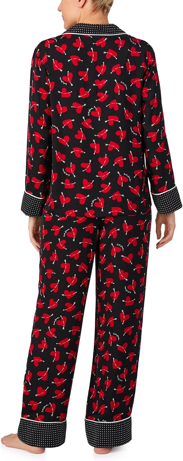 kate spade new york Women's 2-Piece Pajama Set, Notch Collar Long Sleeve Top & Pants, Contrast Cuffs, Silky Charmeuse - Image 4