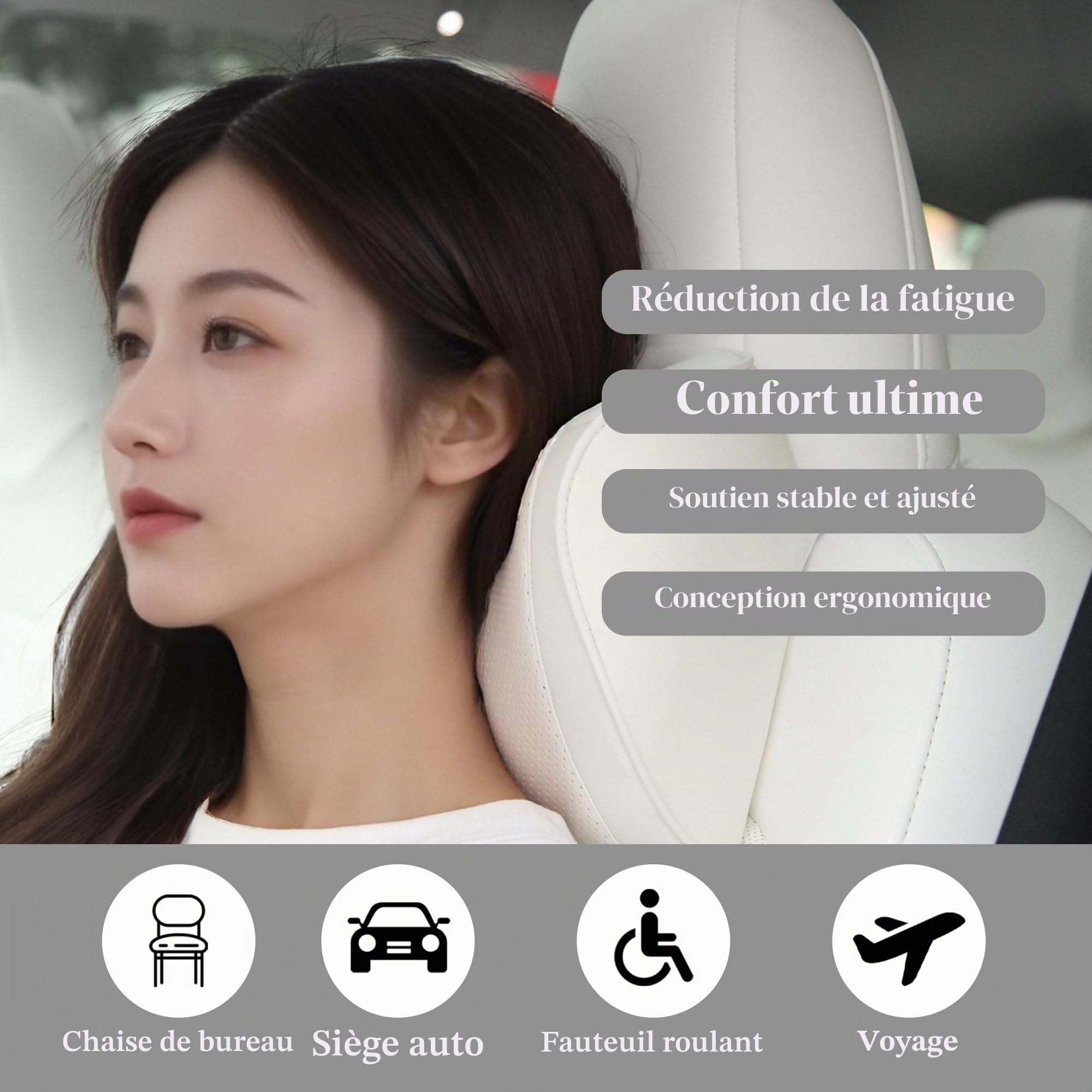 Oreiller Appui-Tête Voiture en Cuir 100% Mousse à Mémoire de Forme, Coussin de Nuque de Soutien de Siège Premium pour la Conduite, Les Voyages, la Maison, Le Bureau, Blanc, 1 Unités