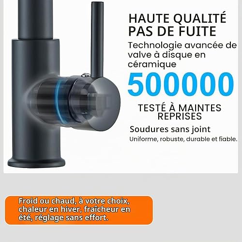 Zamery Robinet de cuisine noir 2 modes - Robinet de cuisine avec douchette extensible en acier inoxydable 304 - Robinet à ressort hélicoïdal - Mitigeur de cuisine - Fonction pivotante à 360° - 3