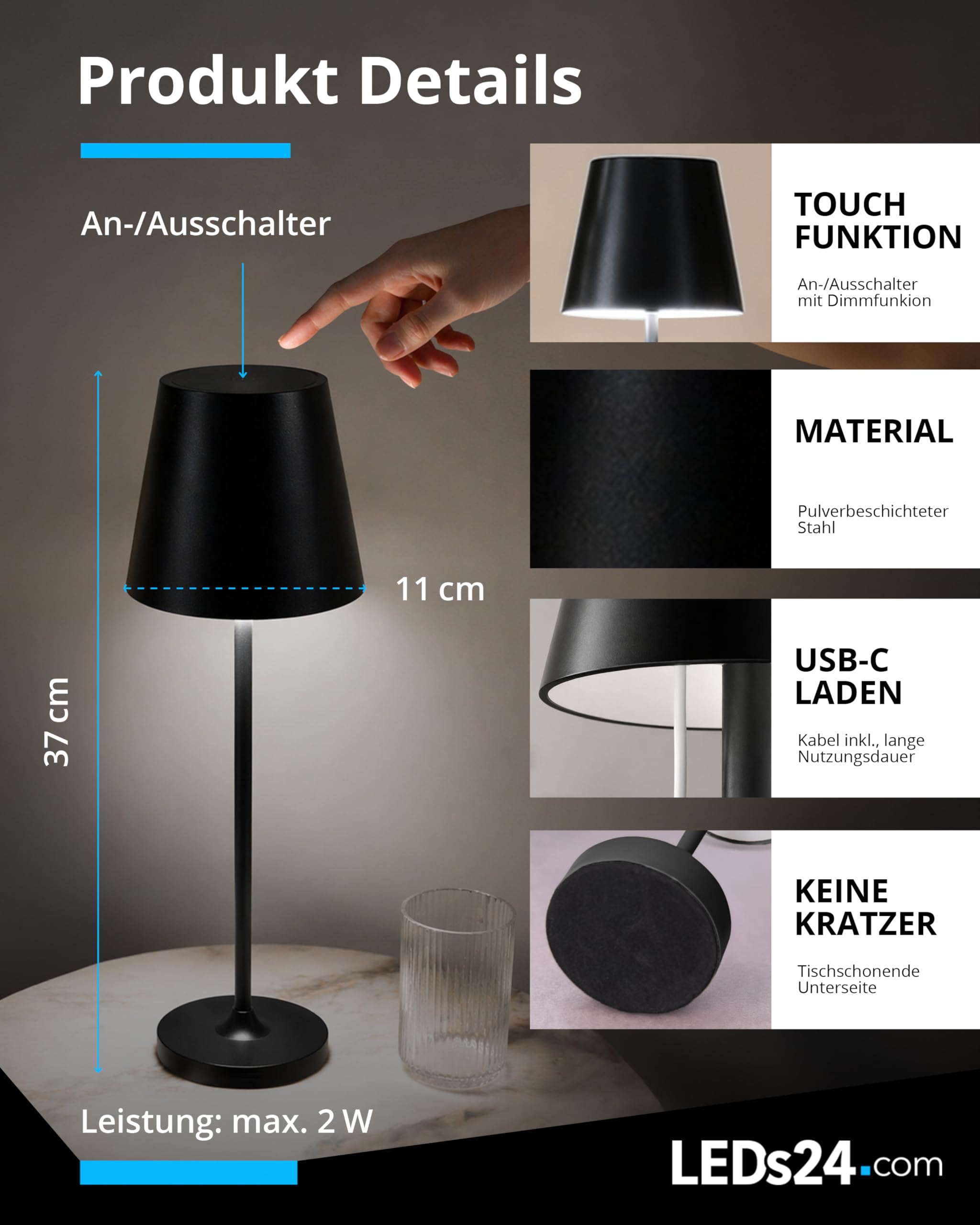LED Tischlampe Kabellos Outdoor - Höhenverstellbare Akku Tischleuchte IP54 Dimmbar Touch mit USB-C-Kabel - für Terrasse, Wohnzimmer, Schlafzimmer, Kinderzimmer, Gastro & Hotel (schwarz)