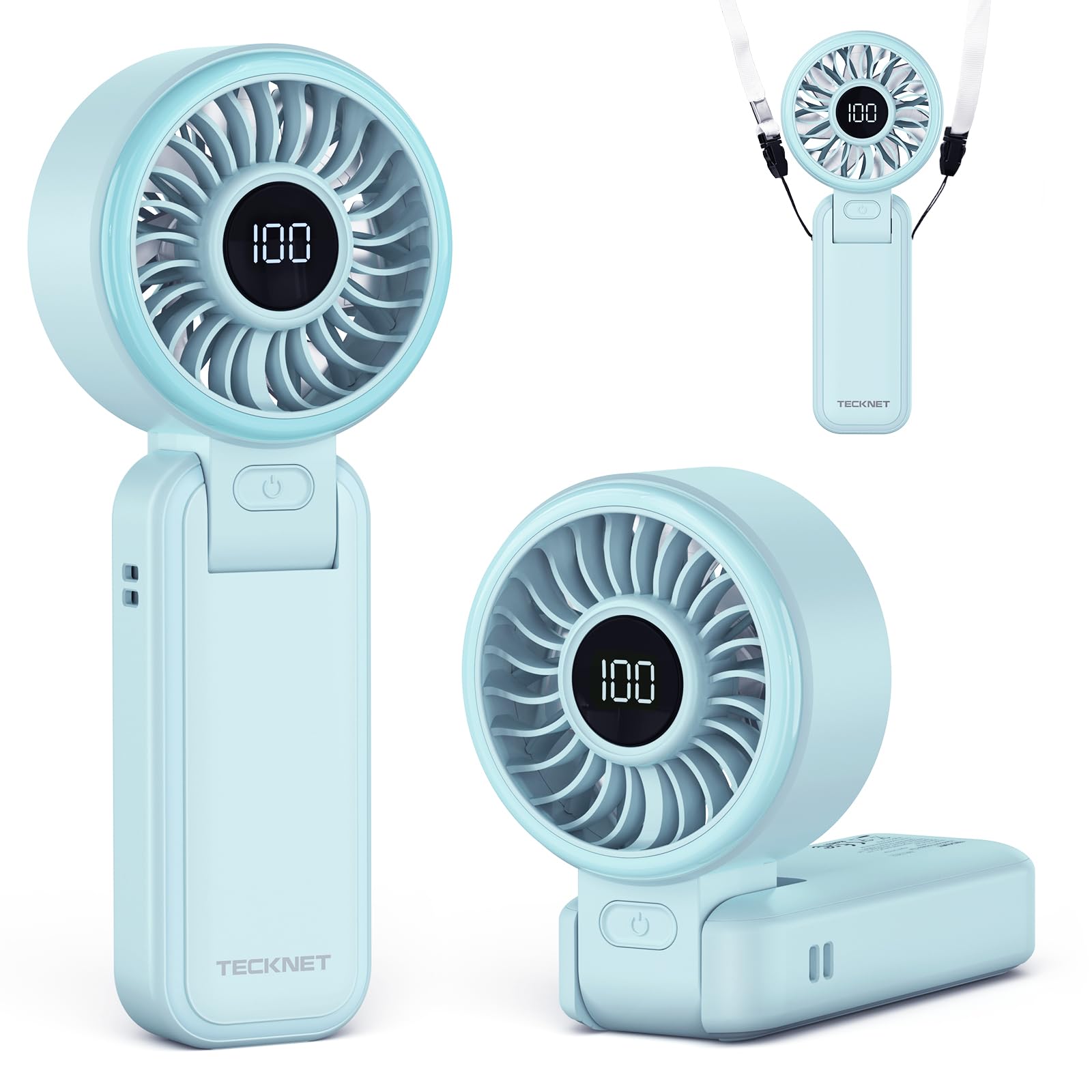 TECKNET Handheld Fan, Portable Fan with 5000mAh, Hand Held USB Rechargeable Fan with LED Display, 150° Foldable, 1-100 Speed Mini Electric Desk Fan for Travel Home Office Bedroom Outdoor, Light Blue