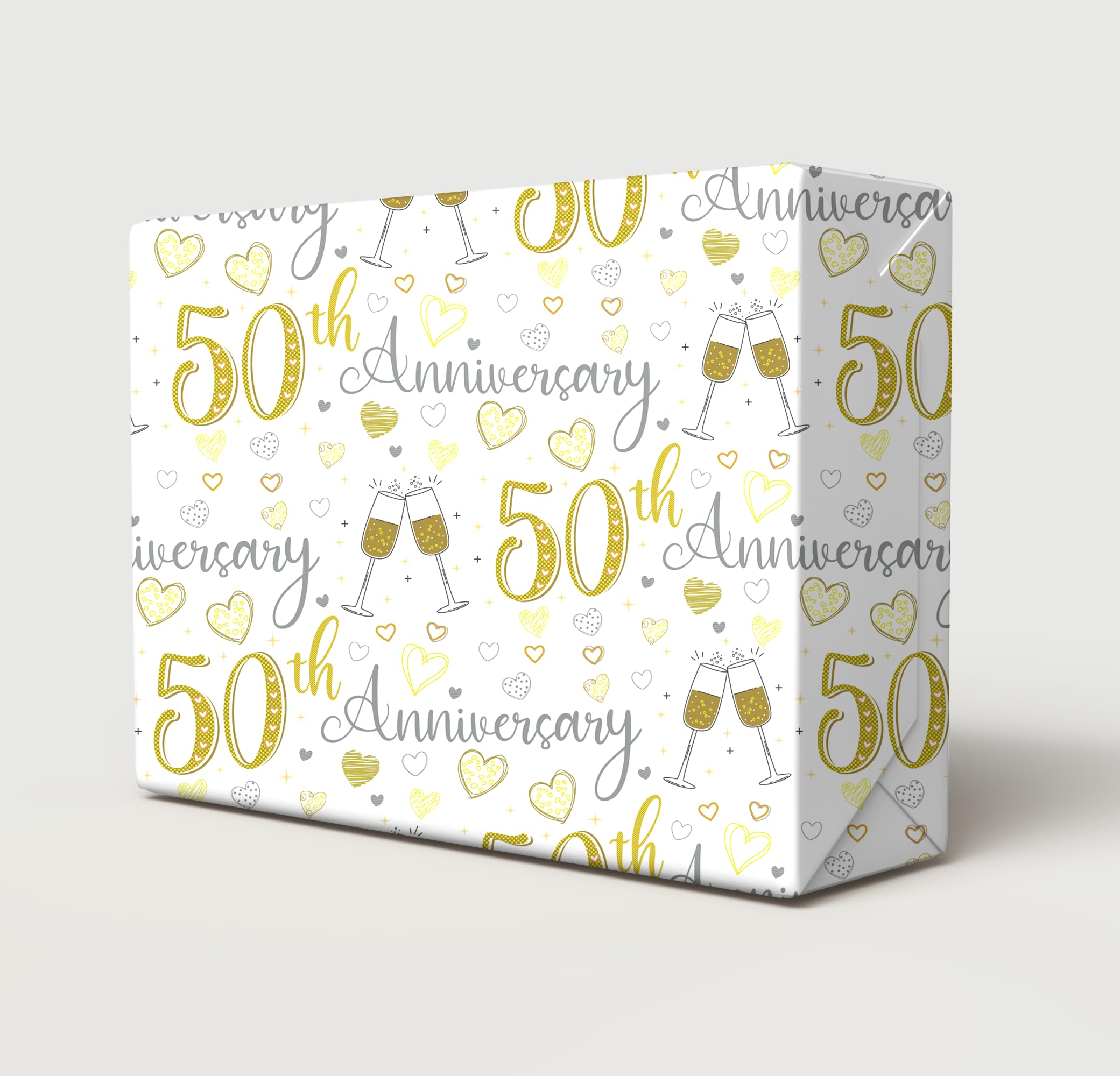 2 Sheets 50th Wedding Anniversary Wrapping Paper Champagne Glass Design Golden Wedding Anniversary Giftwrap (PA)