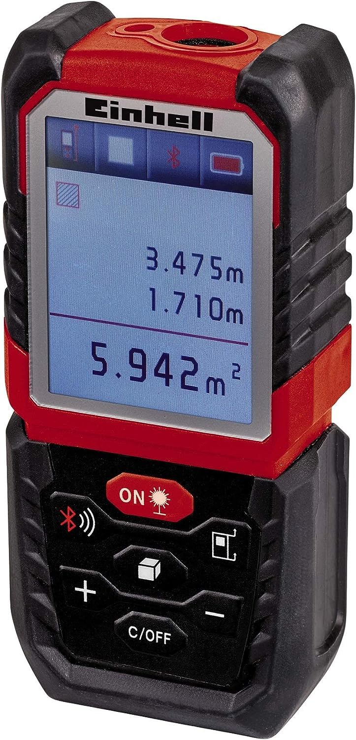 Einhell Distanciómetro láser TE-LD 60 (rango de medición 0,05-60 m, medición de distancias, áreas y volúmenes con sumas y restas, documentación vía app, seguridad, Pitágoras, función de replanteo)