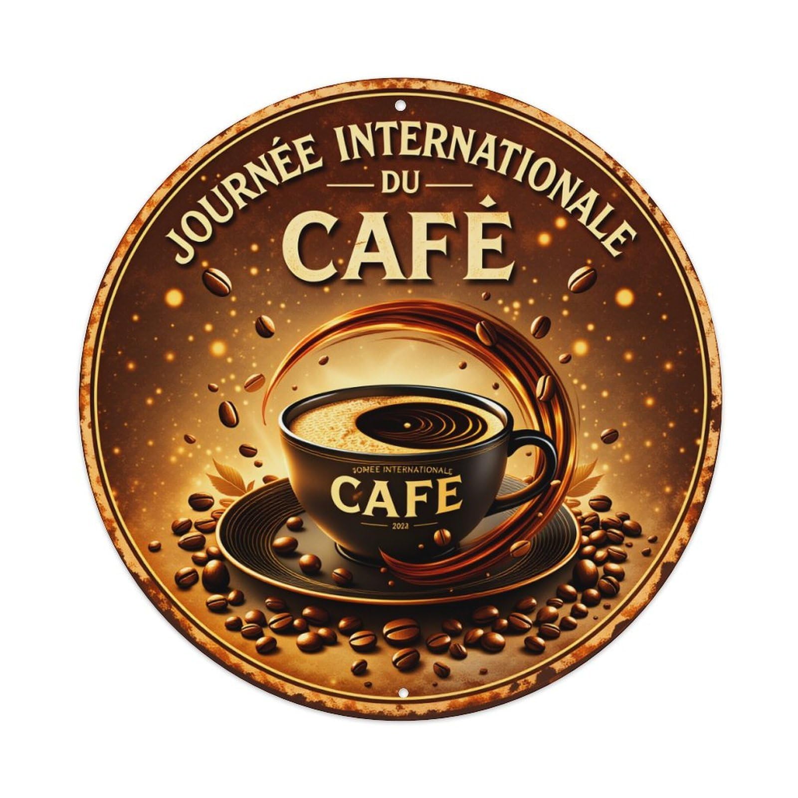 Coffee Cup Beans Swirl Gold Vintage Metal Tin Sign Retro Wall Decor for Home Bar Garage Cafe, Indoor & Outdoor Decorative，circle Metal Poster, 8x8 Inch