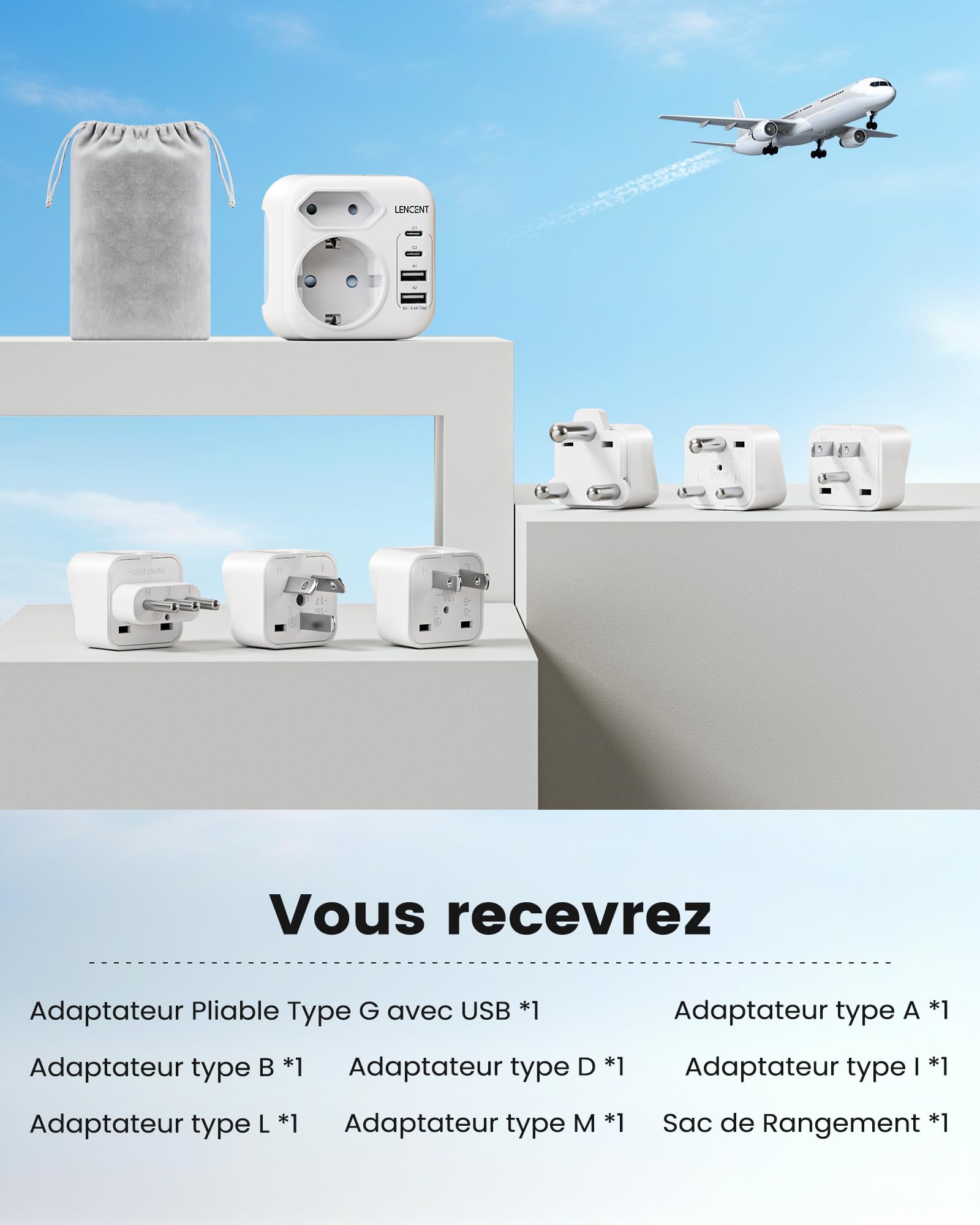 LENCENT Adaptateur Prise Universelle Compatible avec Type A/B/G/D/I/L/M