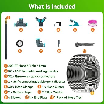 360Adjustable Drip Irrigation System 200FT,5/16 Extra Long Garden Watering Kit with 32 Copper Nozzles,141Pcs Drip Irrigation Kit,Automatic Atomizing Plant Sprinkler for Large Yard, Greenhouse, Lawn