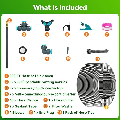 360Adjustable Drip Irrigation System 200FT,5/16 Extra Long Garden Watering Kit with 32 Copper Nozzles,141Pcs Drip Irrigation Kit,Automatic Atomizing Plant Sprinkler for Large Yard, Greenhouse, Lawn