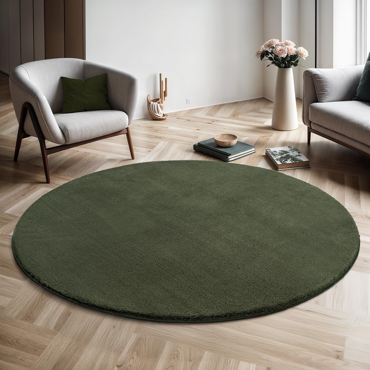 the carpet Relax Moderner Flauschiger Kurzflor Teppich, Anti-Rutsch Unterseite, Waschbar bis 30 Grad, Super Soft, Felloptik, Dunkelgrün, 120 cm Rund