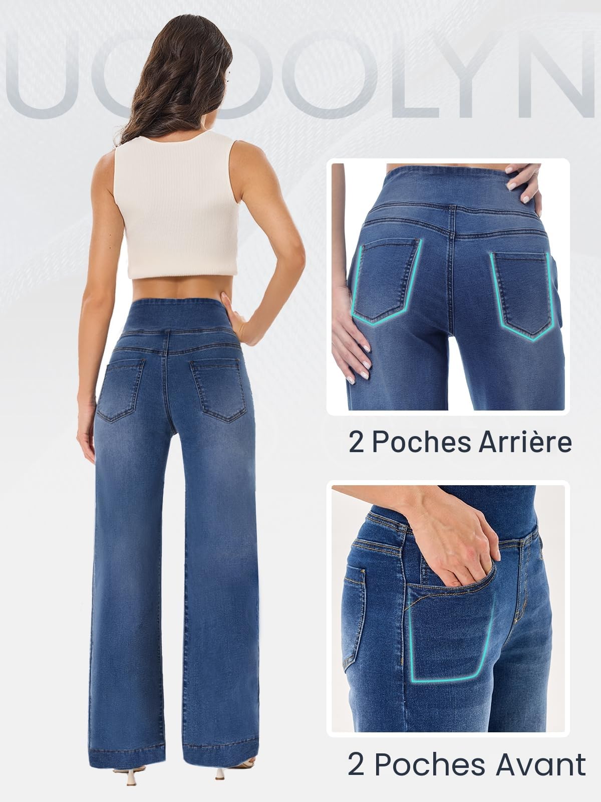 Jean Femme Taille Haute, Jeans Larges Femmes avec Contrôle du Ventre Extensible Baggy Tendance Wide Leg Pantalon Droit en Denim avec Poches