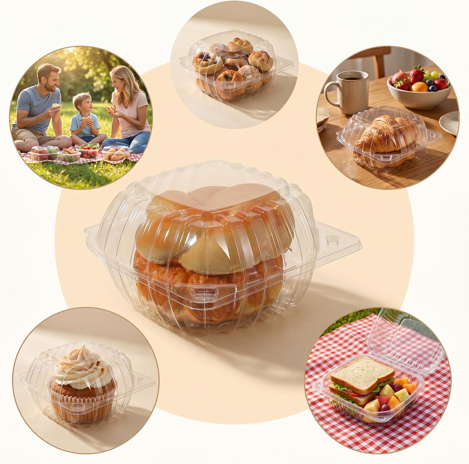100 Pcs Clear Hinged Plastic Containers with Lids,Individual Cake Slice Containers,Square Plastic Food Container,Disposable Clamshell Take Out Container for Cakes,Cookies,Pasta,Sandwiches